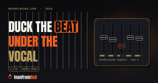 Sidechain compression on the instrumental bus keyed from the vocal track, 1–2 dB of gain reduction