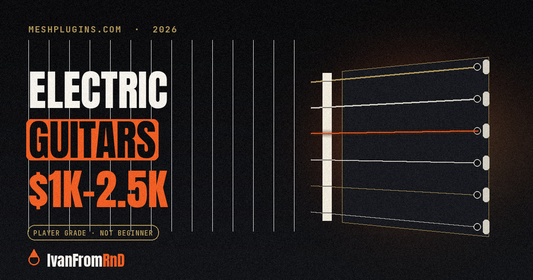 Best electric guitars $1000 to $2500 - dark graphic with orange accents