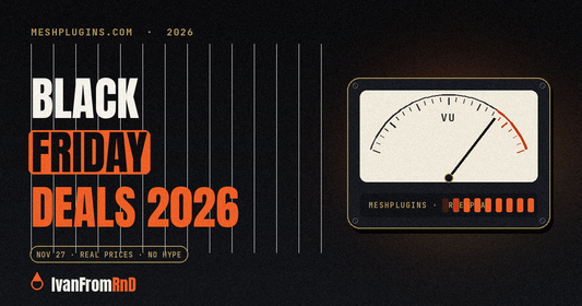 Black Friday music production deals 2026 - dark studio graphic with orange accents