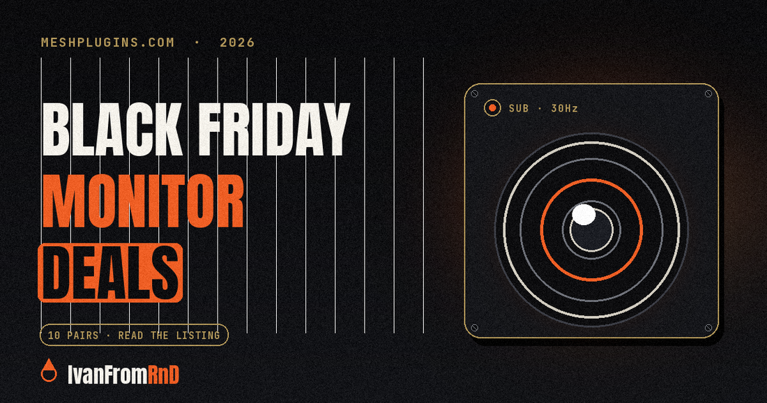 Black Friday studio monitor deals 2026 - speaker graphic on dark background