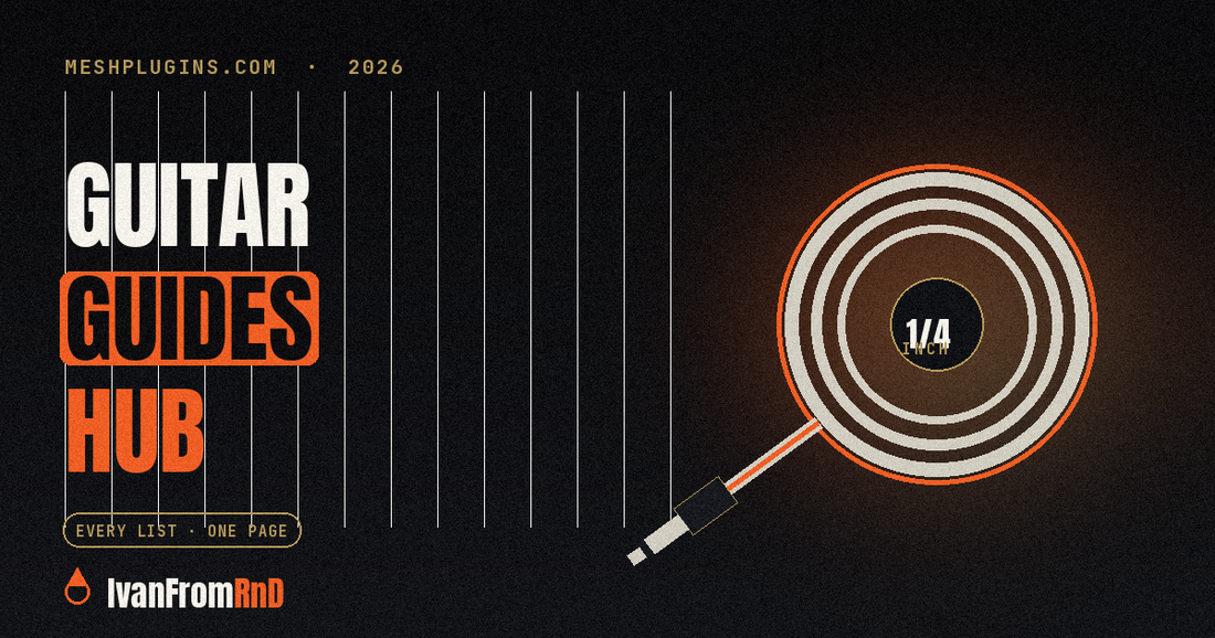 Guitar guides hub - guitar collection graphic on dark background